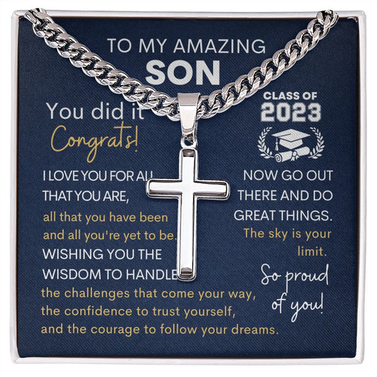 Amazing Son Congrats Graduation Cross Cuban Chain Necklace
