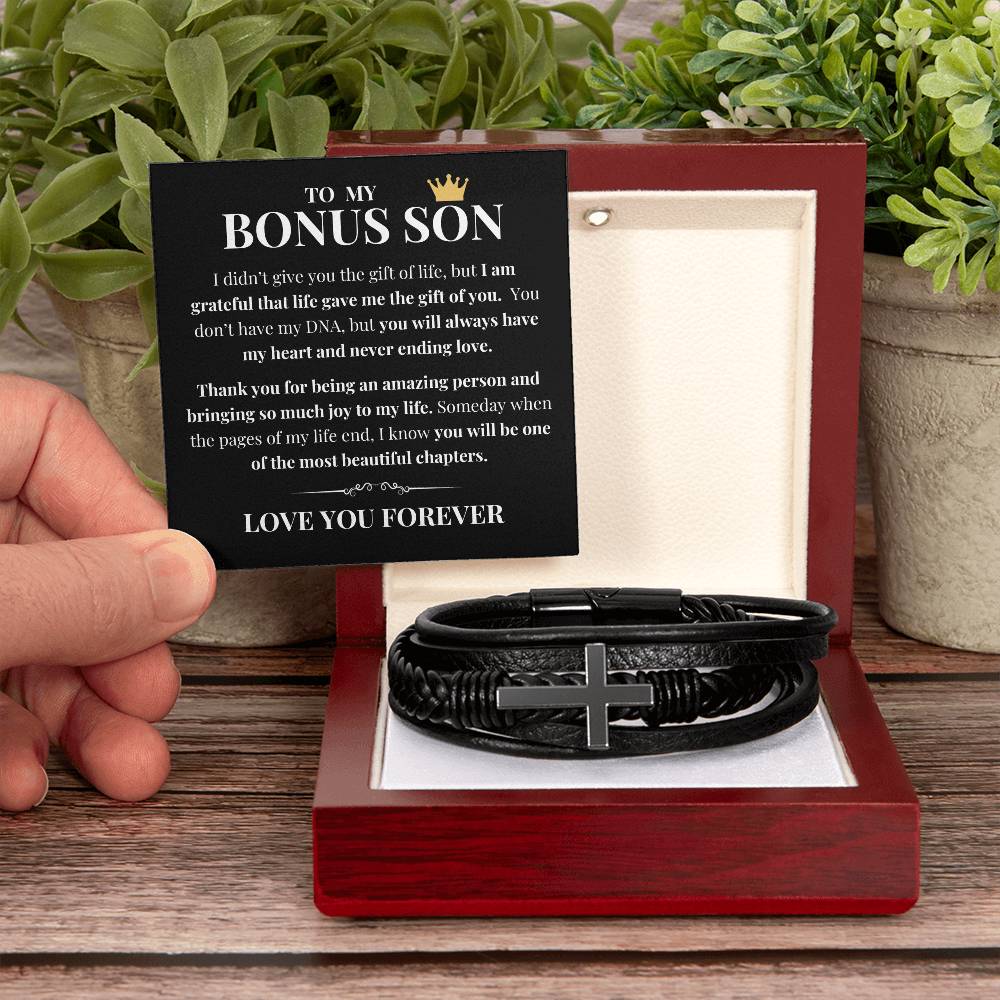 To My Bonus Son - Grateful for Gift of You - Cross Bracelet