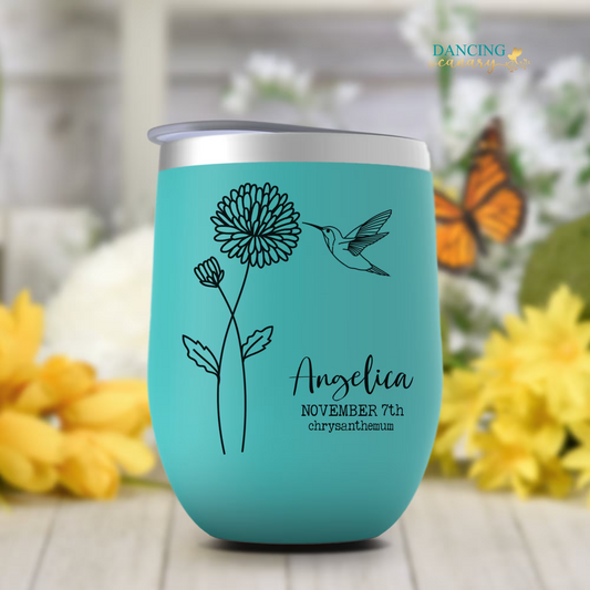 Birth Month Flower Wine Tumbler Birthday Gift for Women Personalized Birth Floral Cup