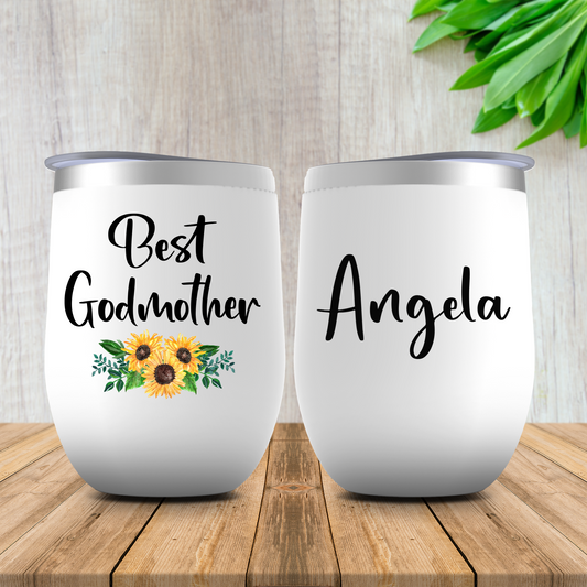Best Godmother Sunflower Wine Tumbler, Personalized Godmother Gift from Goddaughter, Birthday, Christmas or Mother's Day Gift for Godmother