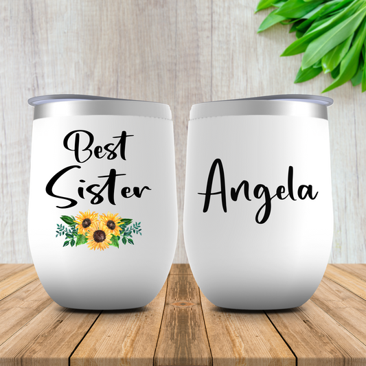 Best Sister Sunflower Wine Tumbler with Name, Personalized Sister Wedding, Birthday or Christmas Present, Cute Gift for Her, Sibling Gift