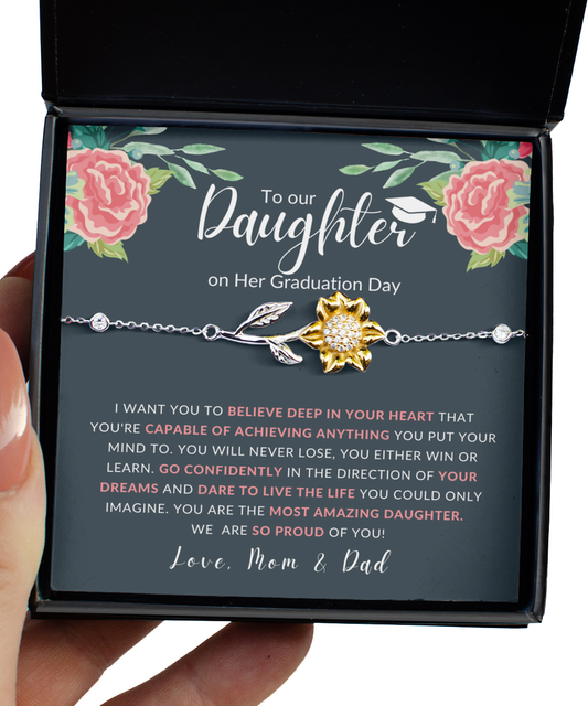 To Our Daughter on Her Graduation Day Sunflower Bracelet Gift from Mom and Dad, High School Grad Present, Class of 2022 College Jewelry