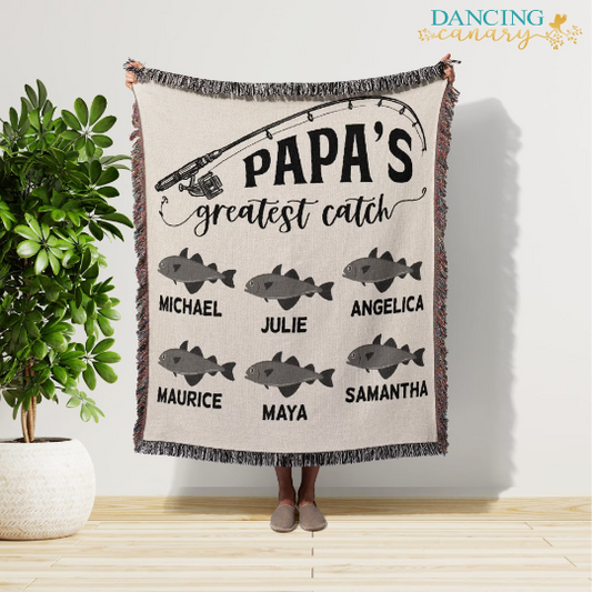 Papa Fishing Personalized Woven Throw Blanket