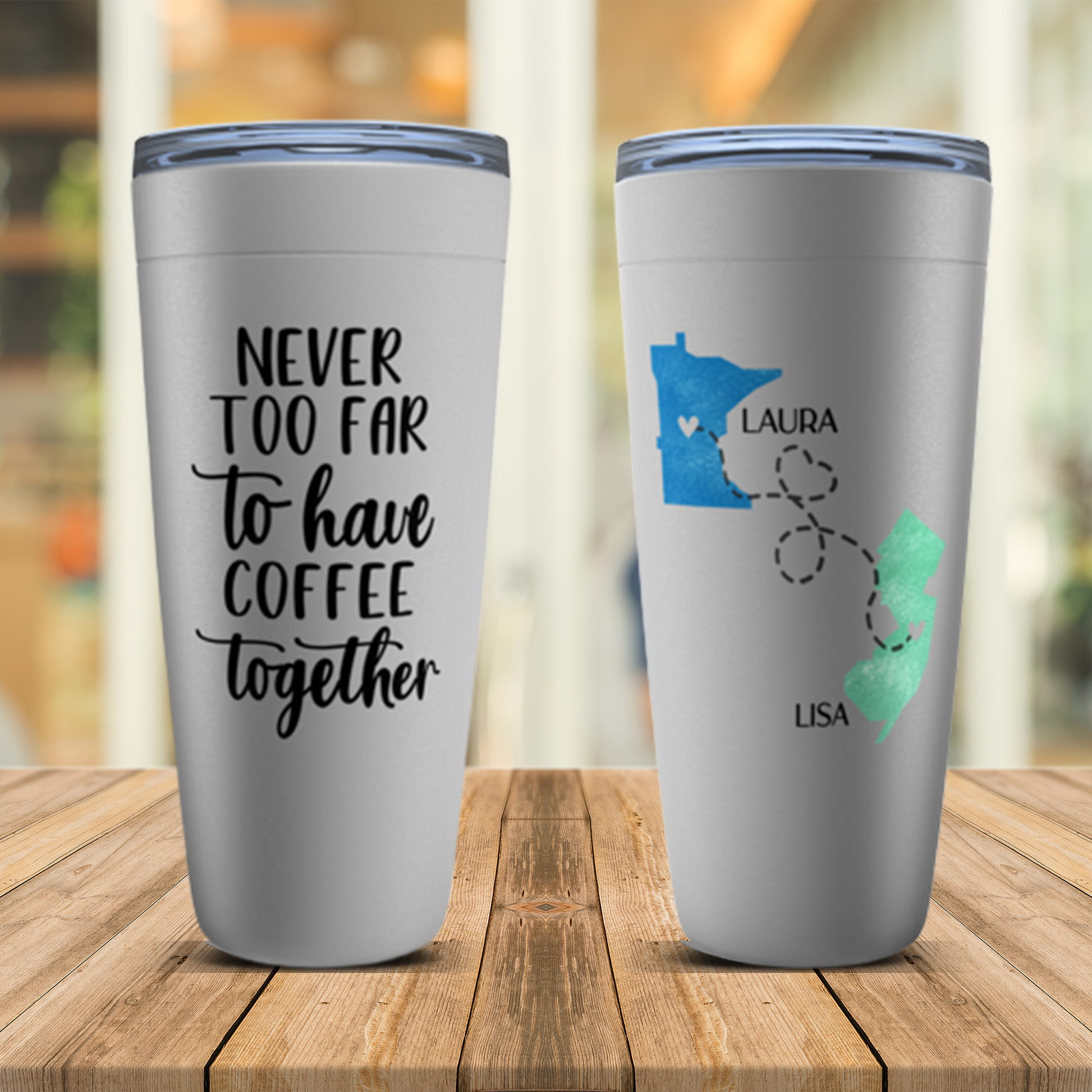 Never Too Far To Coffee Together Tumbler, Long Distance Friendship Gift, Best Friend State to State Mug, BFF or Bestie Missing You Gift