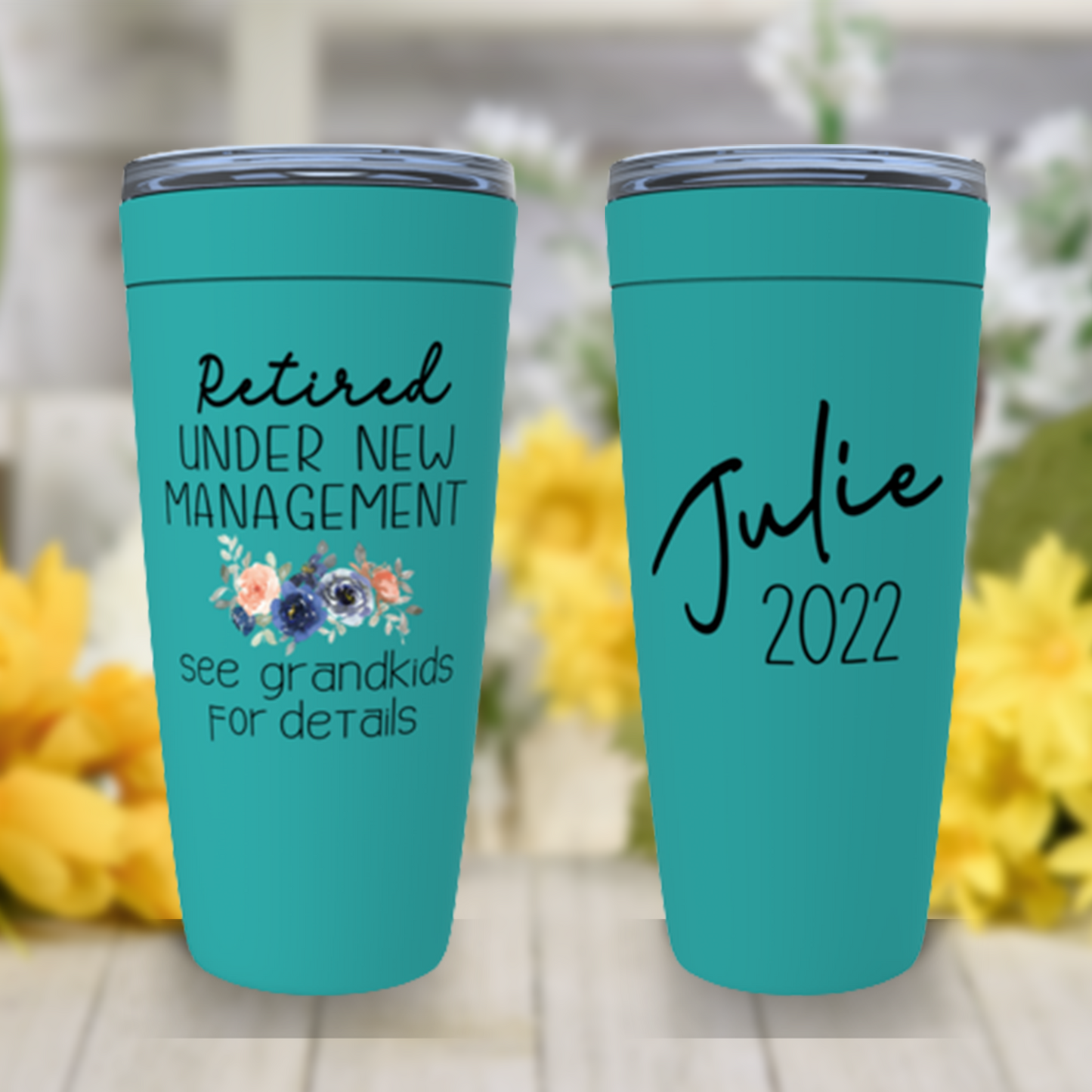 Personalized Retirement Gift for Women, Retired Under New Management See Grandchildren Funny Tumbler, Mom, Aunt, Friend Sister Retiring Gift