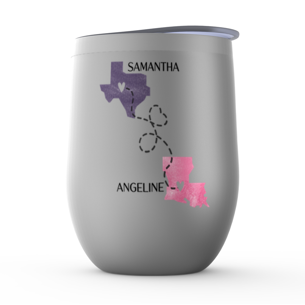 Never Too Far To Wine Together Wine Tumbler, Long Distance Friendship Gift, State To State Mug, Best Friend Birthday Or Christmas Gift