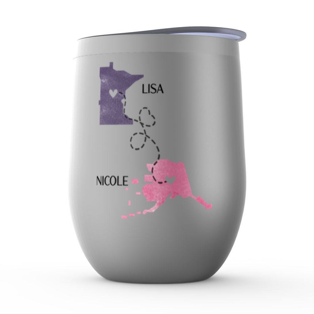 Never Too Far To Drink Together Wine Tumbler, Long Distance Friendship Gift, State to State Cup, Bestfriend, Bestie Christmas, Birthday Gift