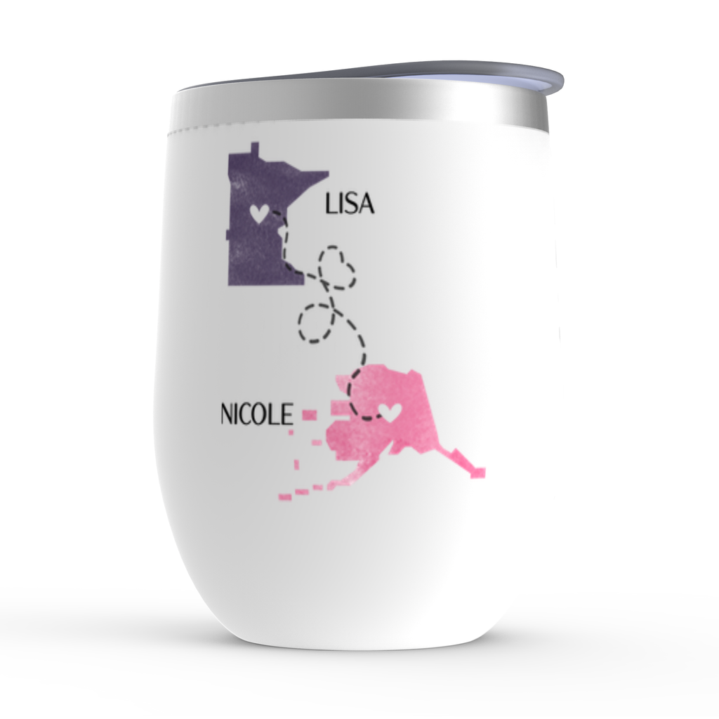 Never Too Far To Drink Together Wine Tumbler, Long Distance Friendship Gift, State to State Cup, Bestfriend, Bestie Christmas, Birthday Gift