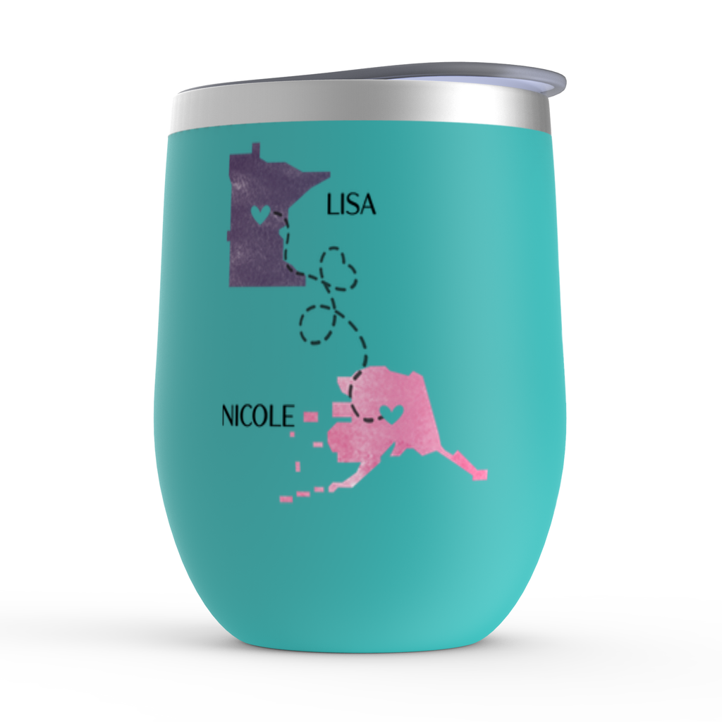 Never Too Far To Drink Together Wine Tumbler, Long Distance Friendship Gift, State to State Cup, Bestfriend, Bestie Christmas, Birthday Gift